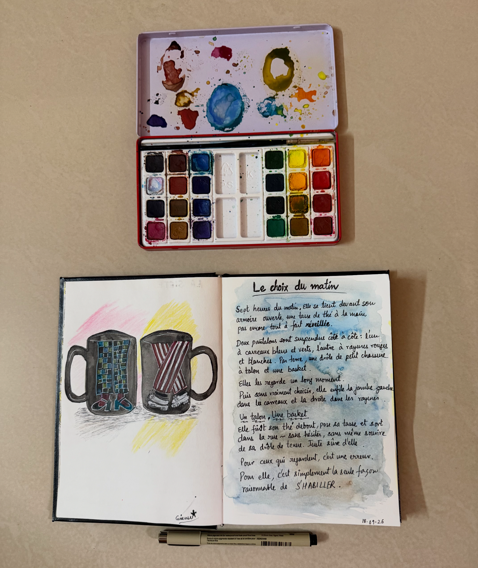 Page du carnet de Madame Curieuse avec le dessin et le texte manuscrit de la vignette Le choix du matin