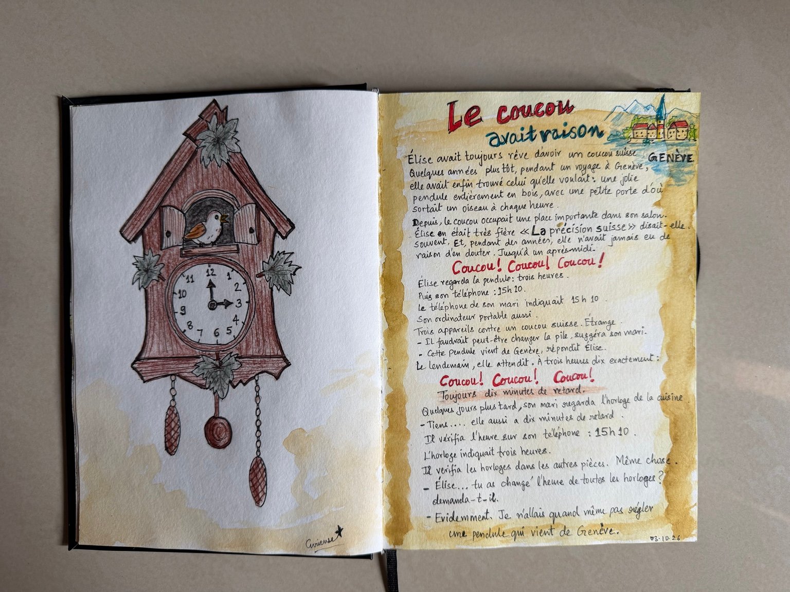 Double page du carnet : dessin du coucou à gauche et histoire manuscrite Le coucou avait raison à droite